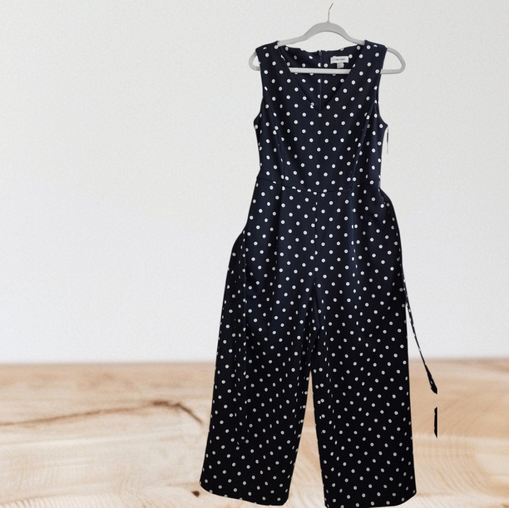 Calvin Klein Navy Blue Polka Dot Sleeveless Jumpsuit